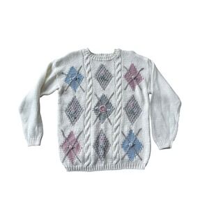 Hampshire Studio Vintage Floral Argyle Cable Knit Sweater Cream Petite Small PS